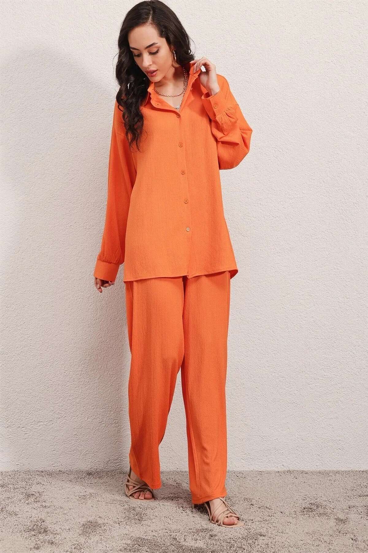 Hazelin Kadın Oranj Oversize Alt-Üst İkili Örme Takım HZL23W-BD158581
