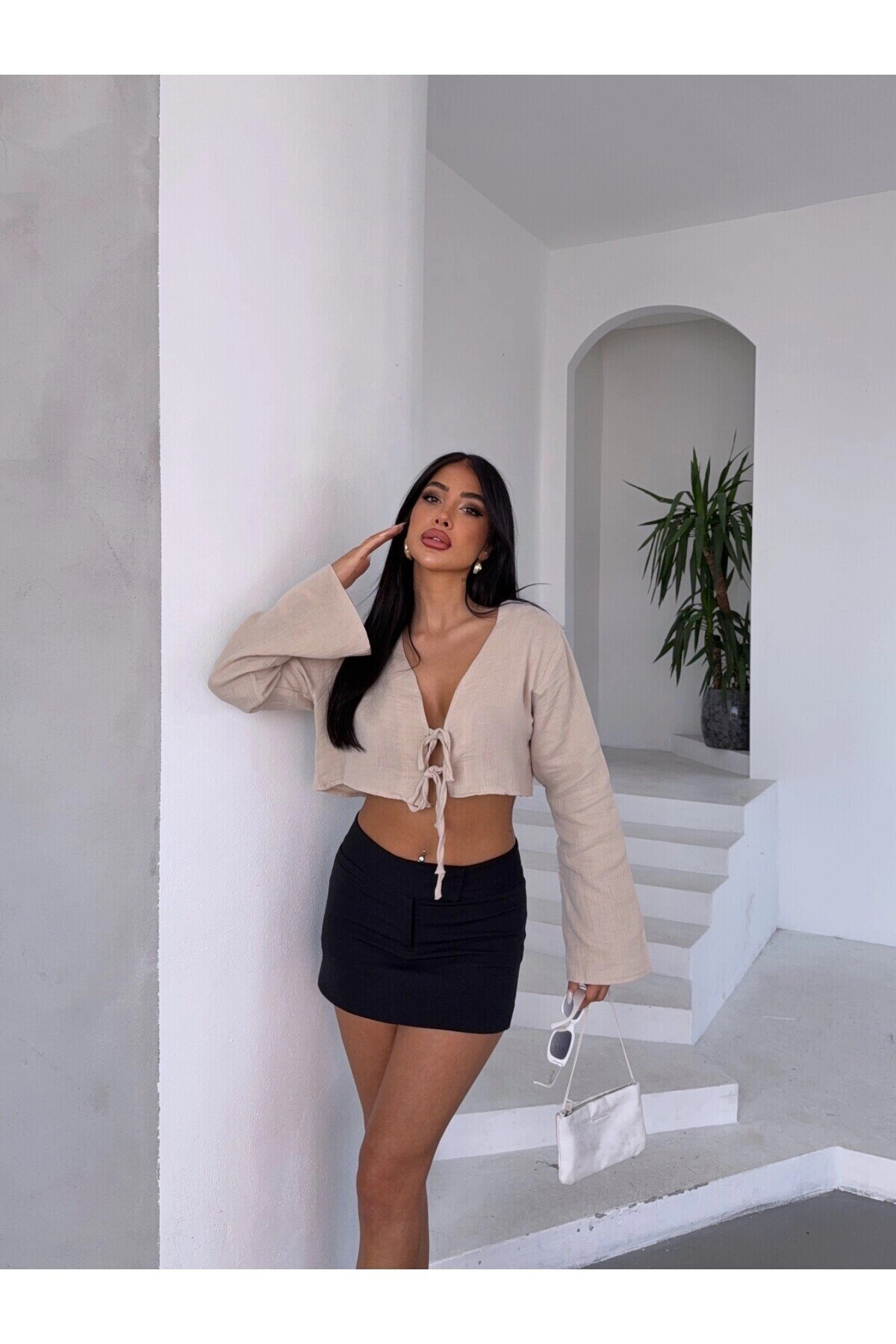 Kadın Bej Önden Bağlamalı Müslin Kumaş Crop Bluz  HZL25S-DSB104071