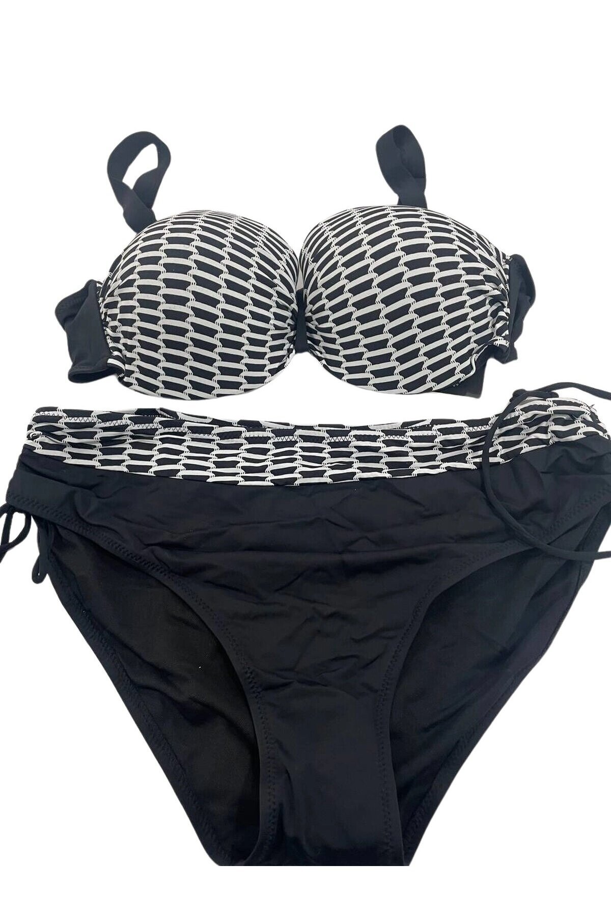 Kadın Beyaz Zincir Desenli Büyük Beden Astarlı Siyah Bikini Takım HZL25S-LC3303