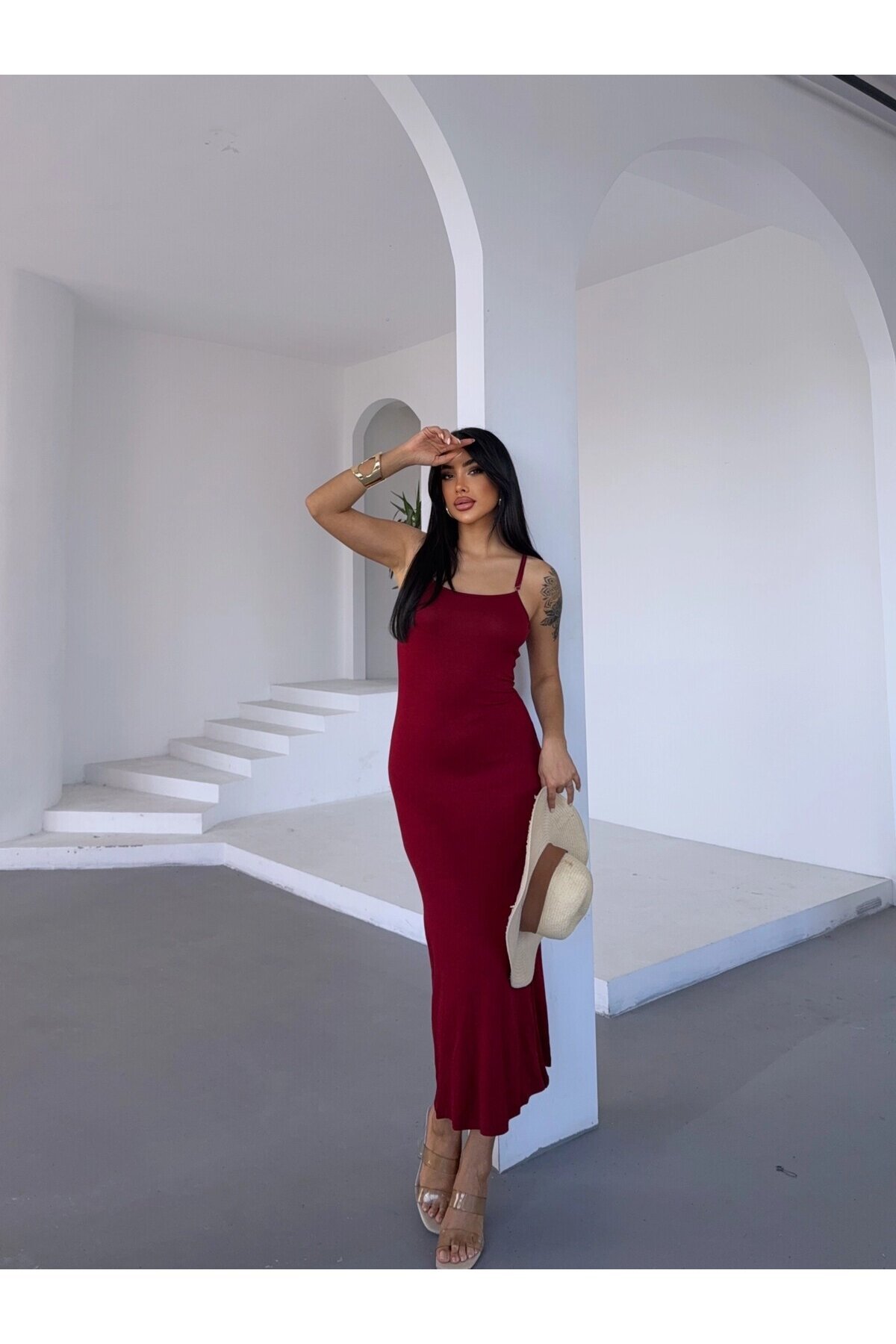 Kadın Bordo Ayarlanabilir Askılı Midi Boy Elbise HZL25S-FRY122921