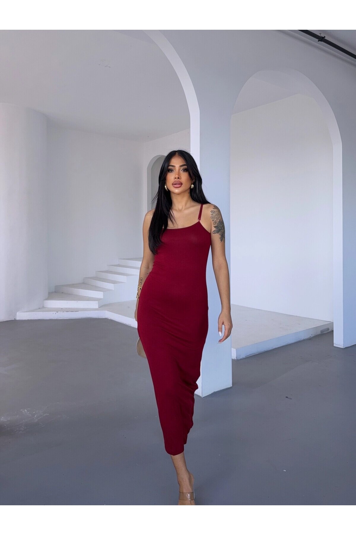 Kadın Bordo Ayarlanabilir Askılı Midi Boy Elbise HZL25S-FRY122921