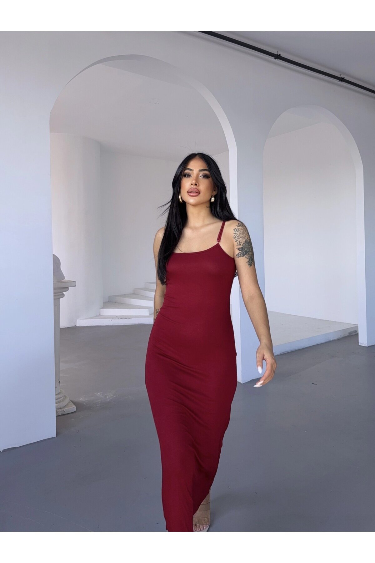Kadın Bordo Ayarlanabilir Askılı Midi Boy Elbise HZL25S-FRY122921