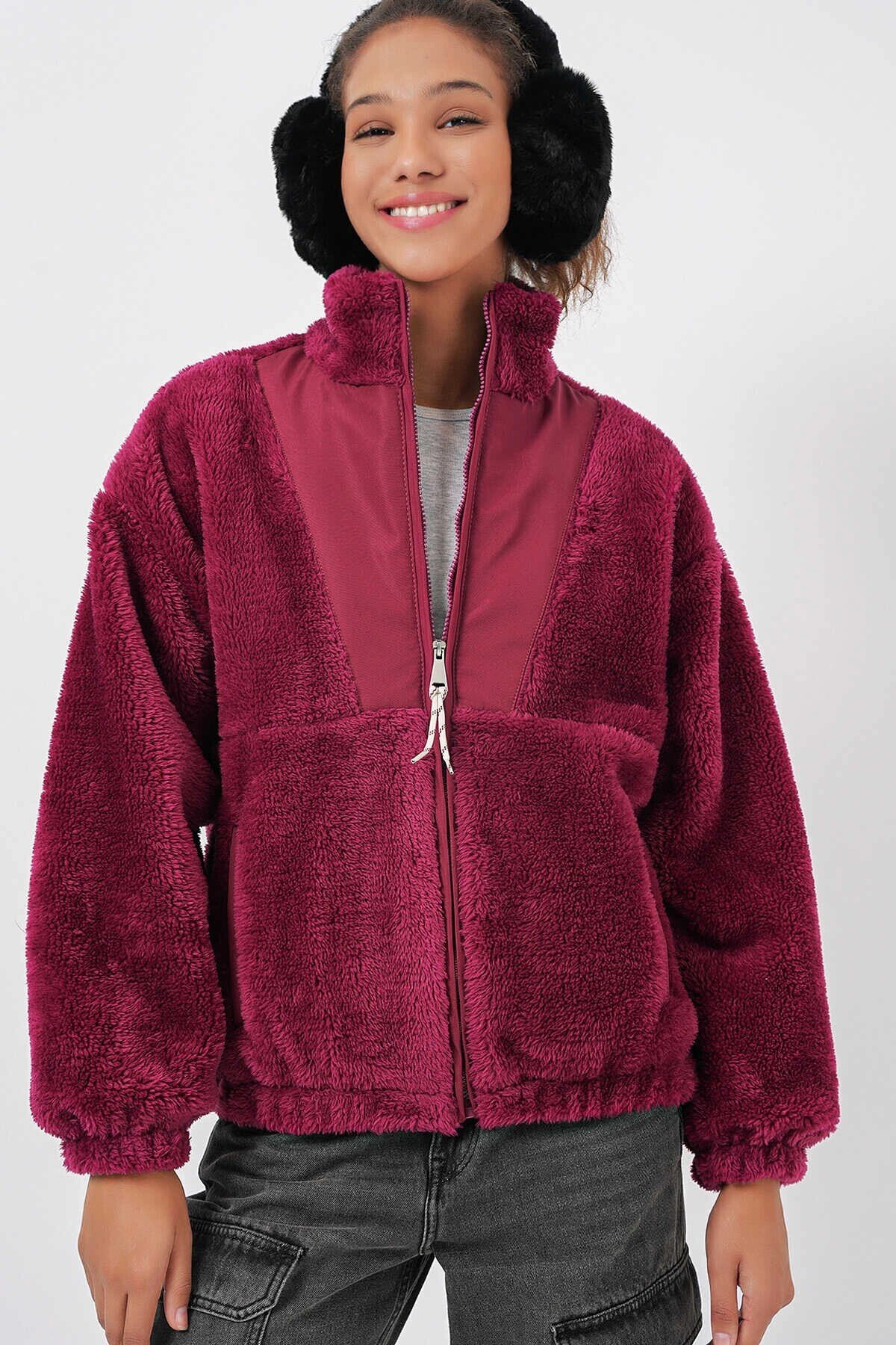Kadın Bordo Baskılı Fermuarlı Suni Yünlü Astarlı Peluş Ceket HZL25W-BD151941