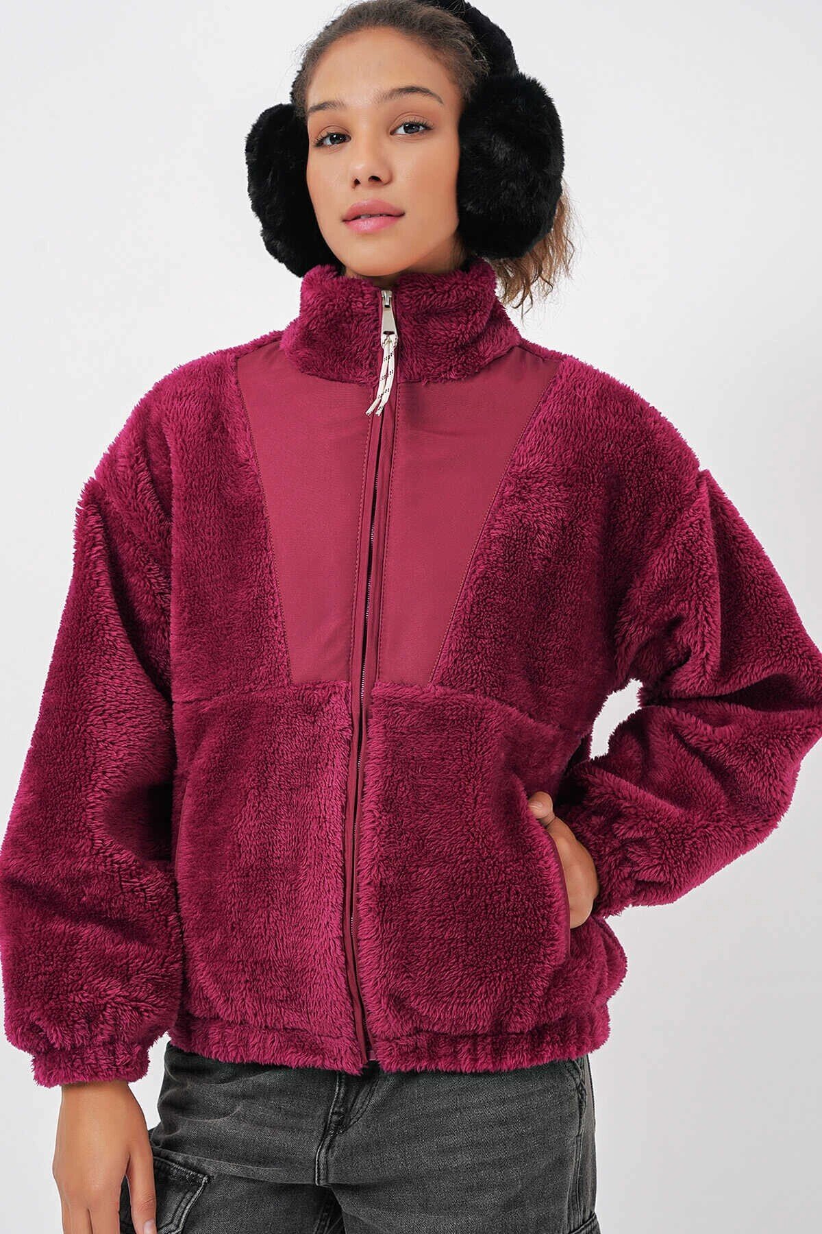 Kadın Bordo Baskılı Fermuarlı Suni Yünlü Astarlı Peluş Ceket HZL25W-BD151941