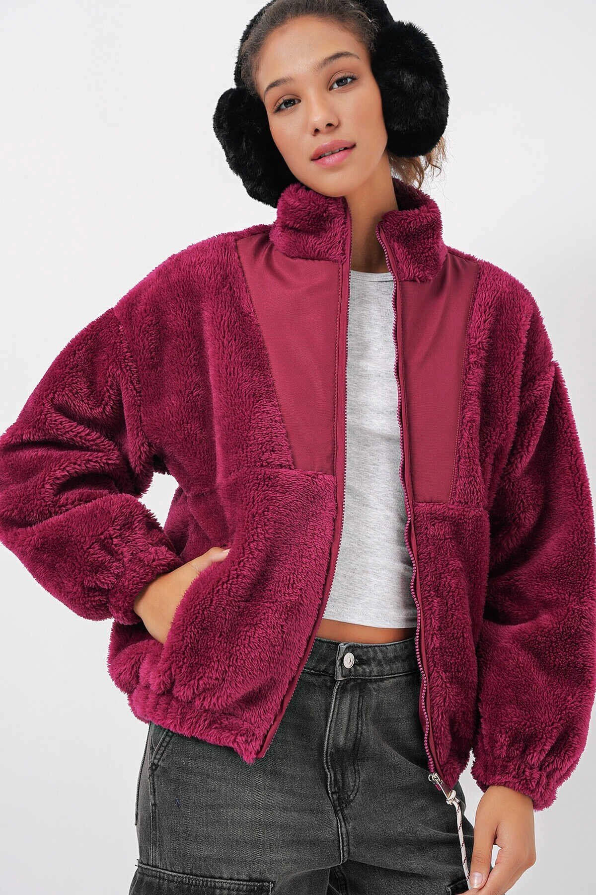 Kadın Bordo Baskılı Fermuarlı Suni Yünlü Astarlı Peluş Ceket HZL25W-BD151941