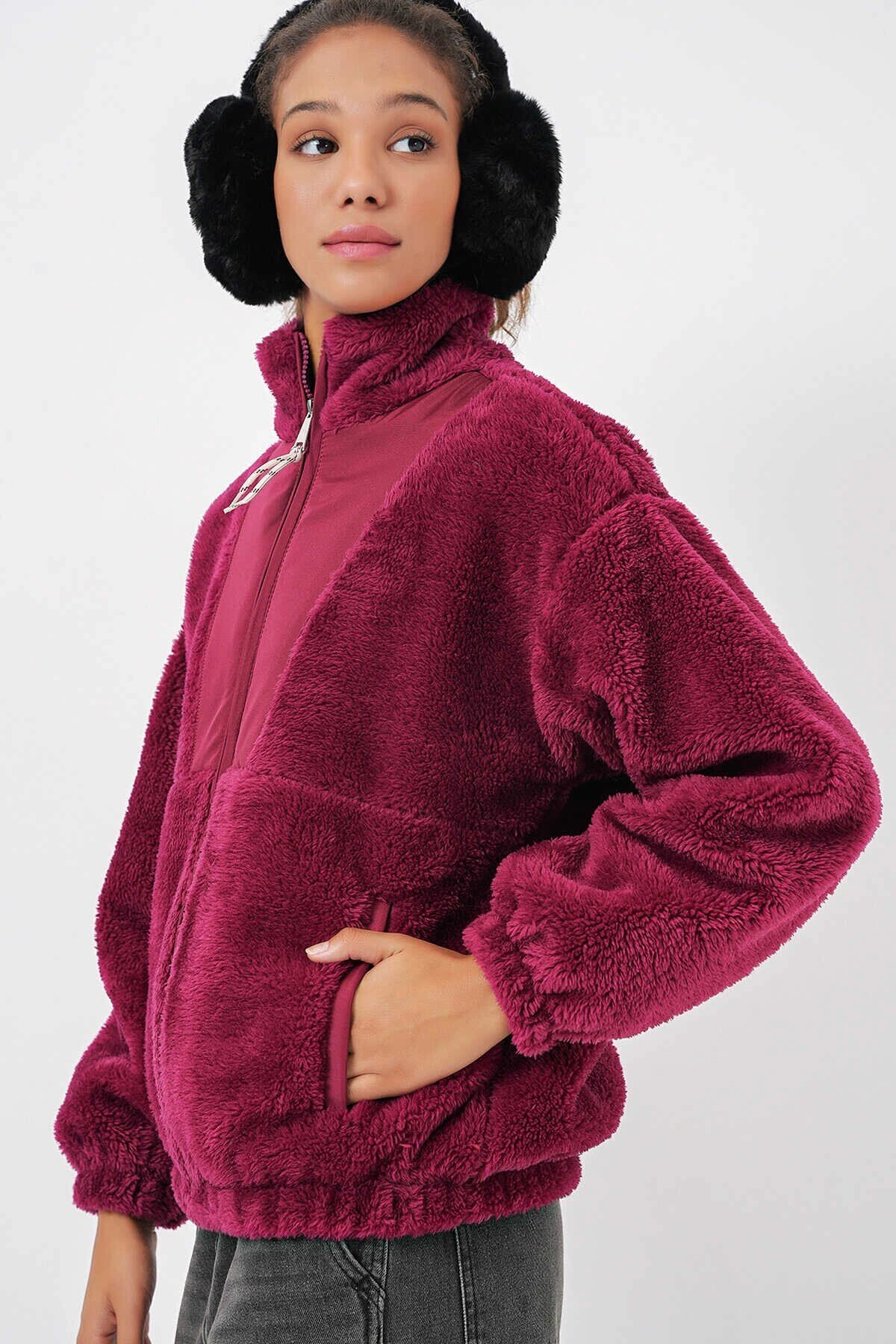Kadın Bordo Baskılı Fermuarlı Suni Yünlü Astarlı Peluş Ceket HZL25W-BD151941