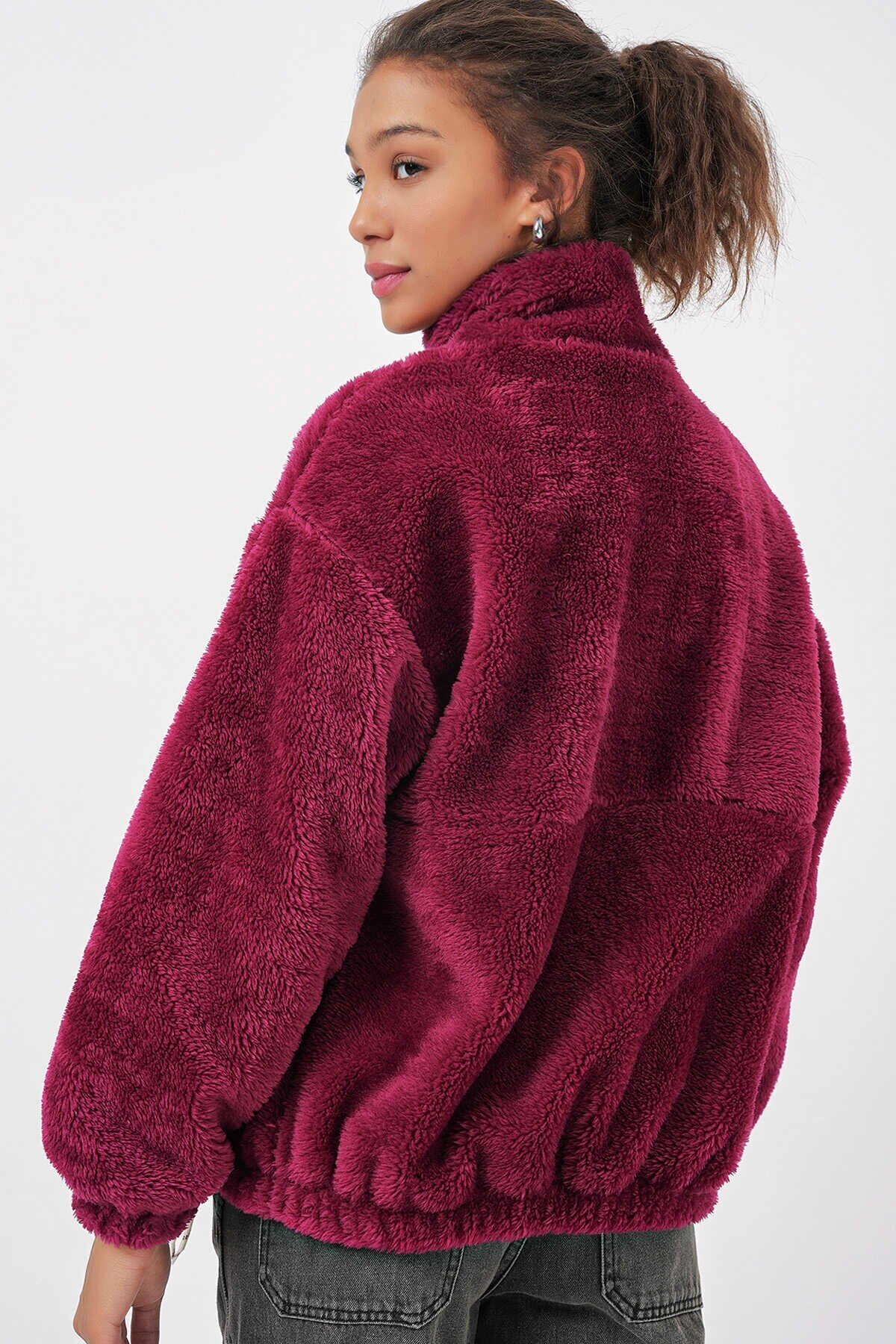 Kadın Bordo Baskılı Fermuarlı Suni Yünlü Astarlı Peluş Ceket HZL25W-BD151941