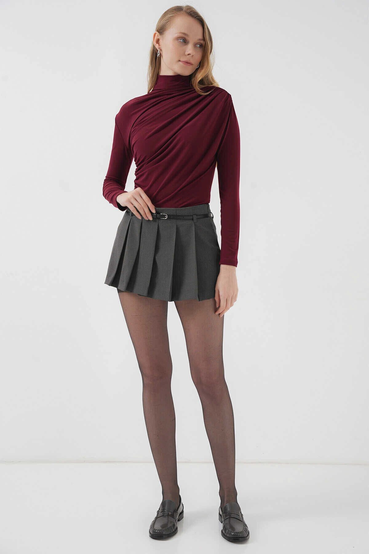 Kadın Bordo Büzgü Detay Balıkçı Yaka Sandy Bluz HZL25W-BD19251