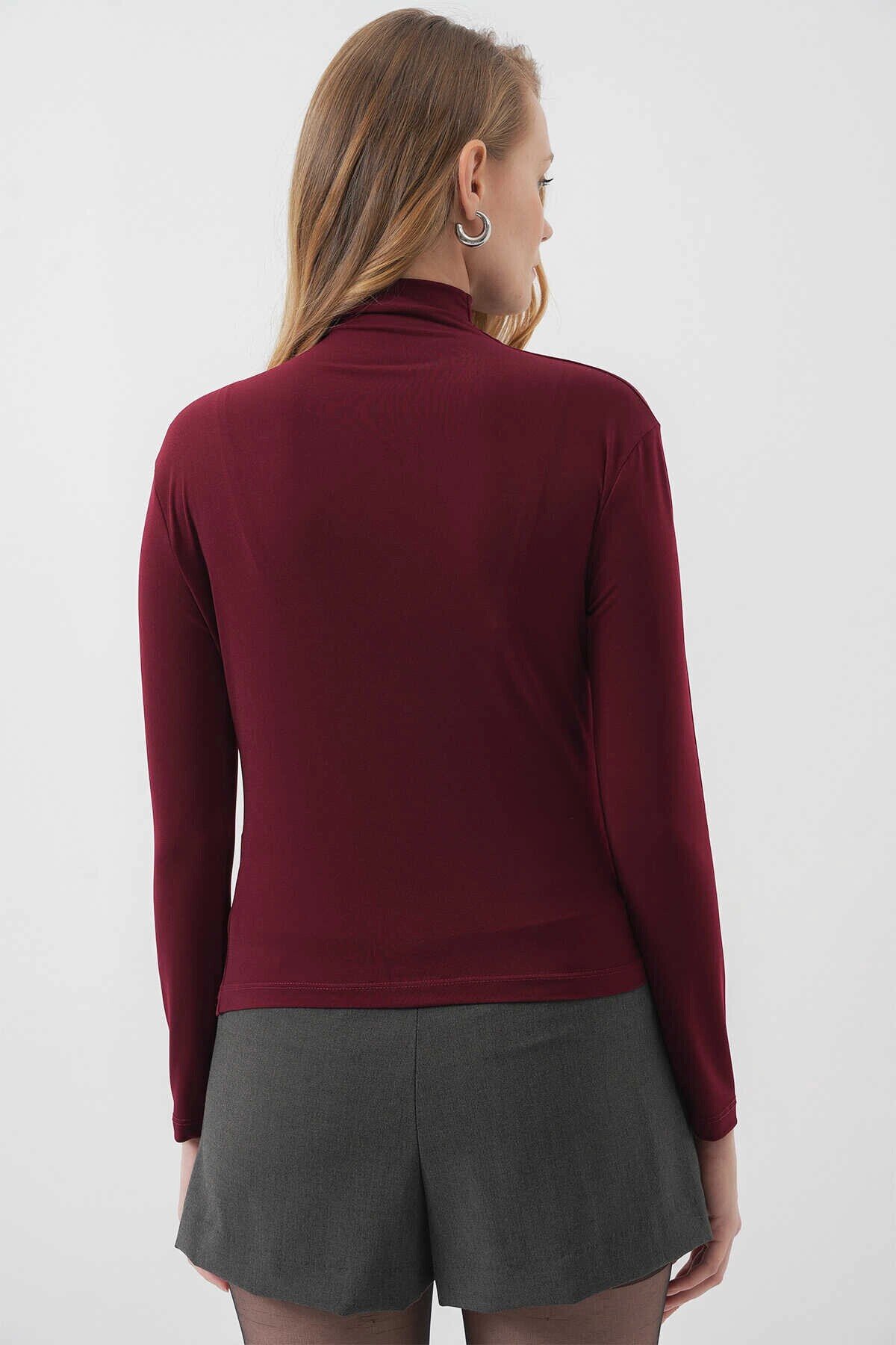 Kadın Bordo Büzgü Detay Balıkçı Yaka Sandy Bluz HZL25W-BD19251