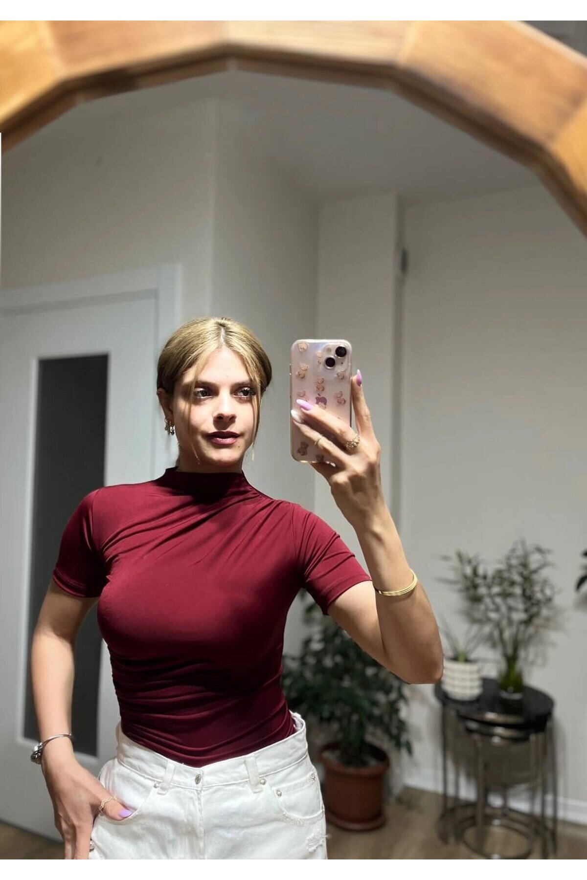 Kadın Bordo Büzgü Detay Yarım Kol Sandy Bluz HZL25S-FRY121741