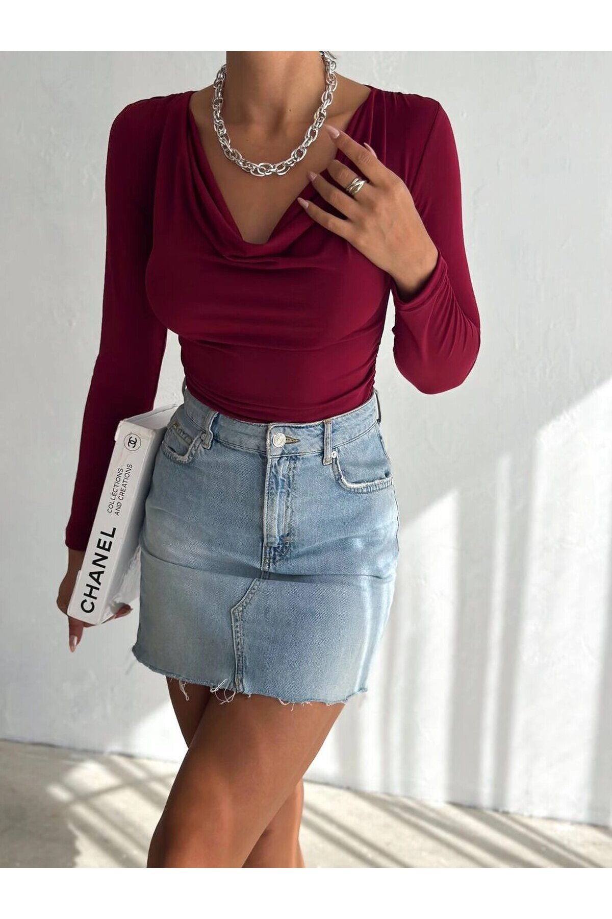 Kadın Bordo Degaje Yaka Yandan Büzgülü Uzun Kol Sandy Bluz HZL24W-FRY122481