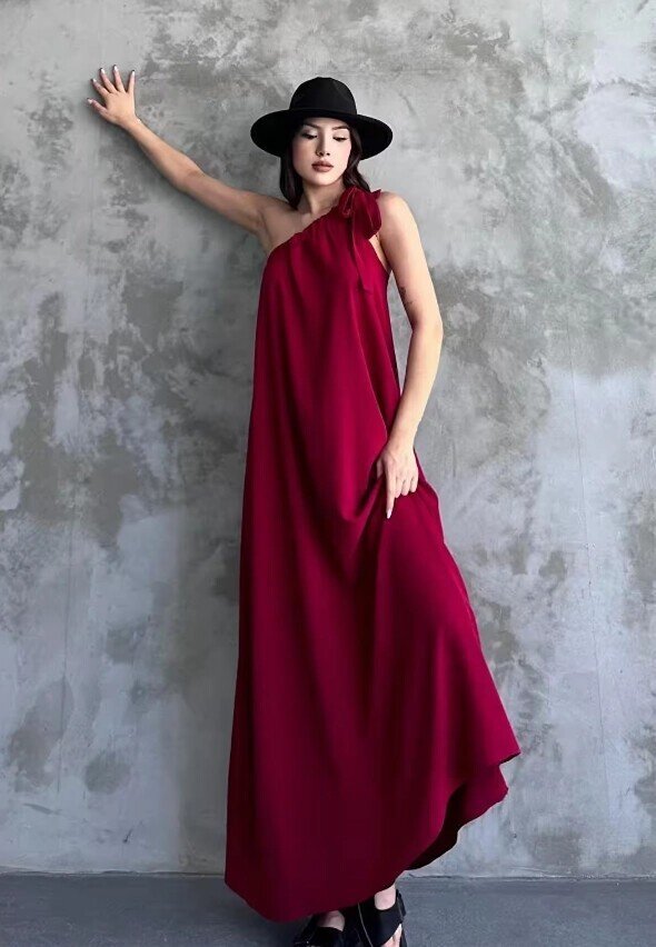 Kadın Bordo Omuzdan Bağlamalı Maxi Boy Dokuma Elbise HZL22S-DSB110031