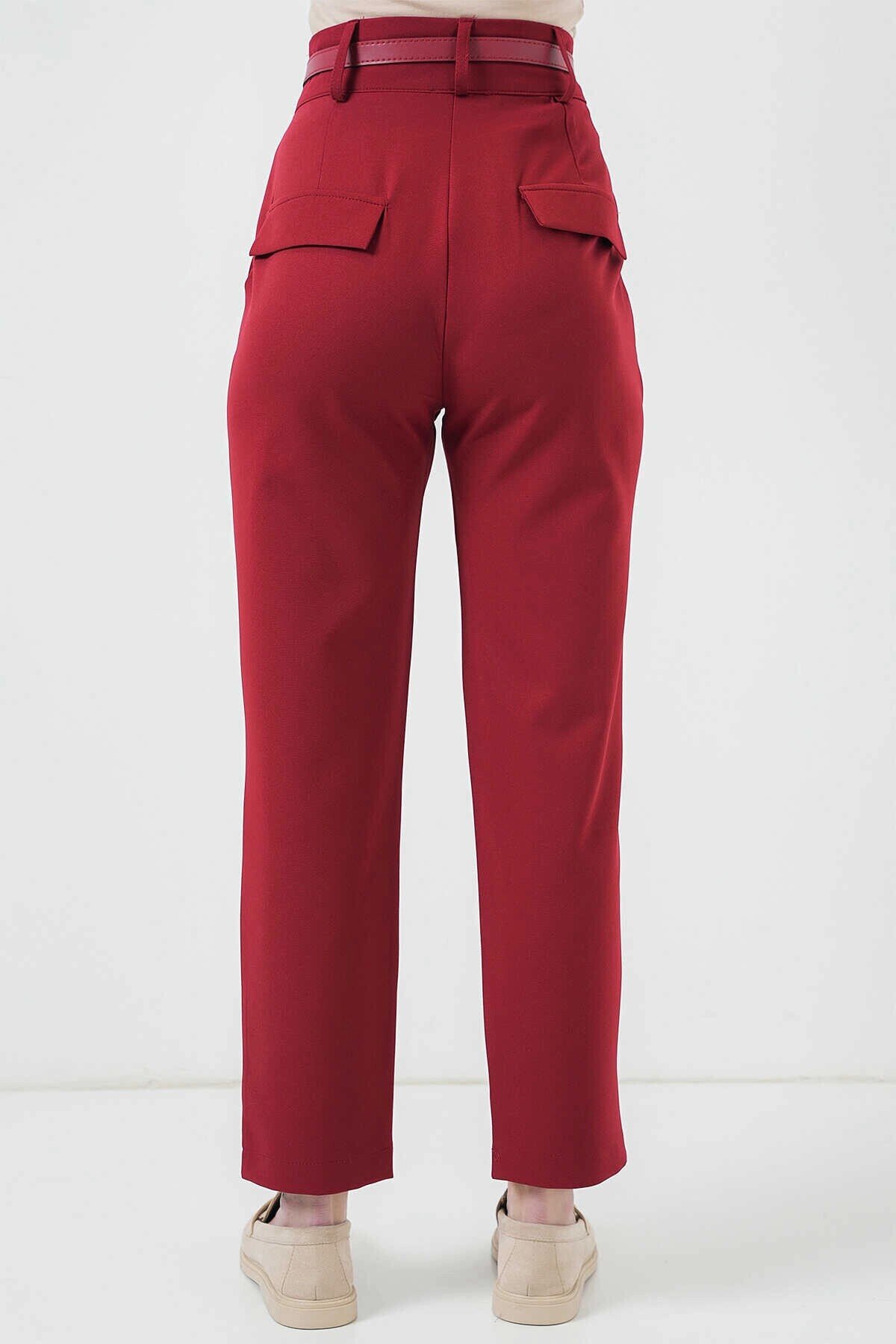 Kadın Bordo Yüksel Bel Kemerli Kumaş Pantolon HZL25S-BD167251