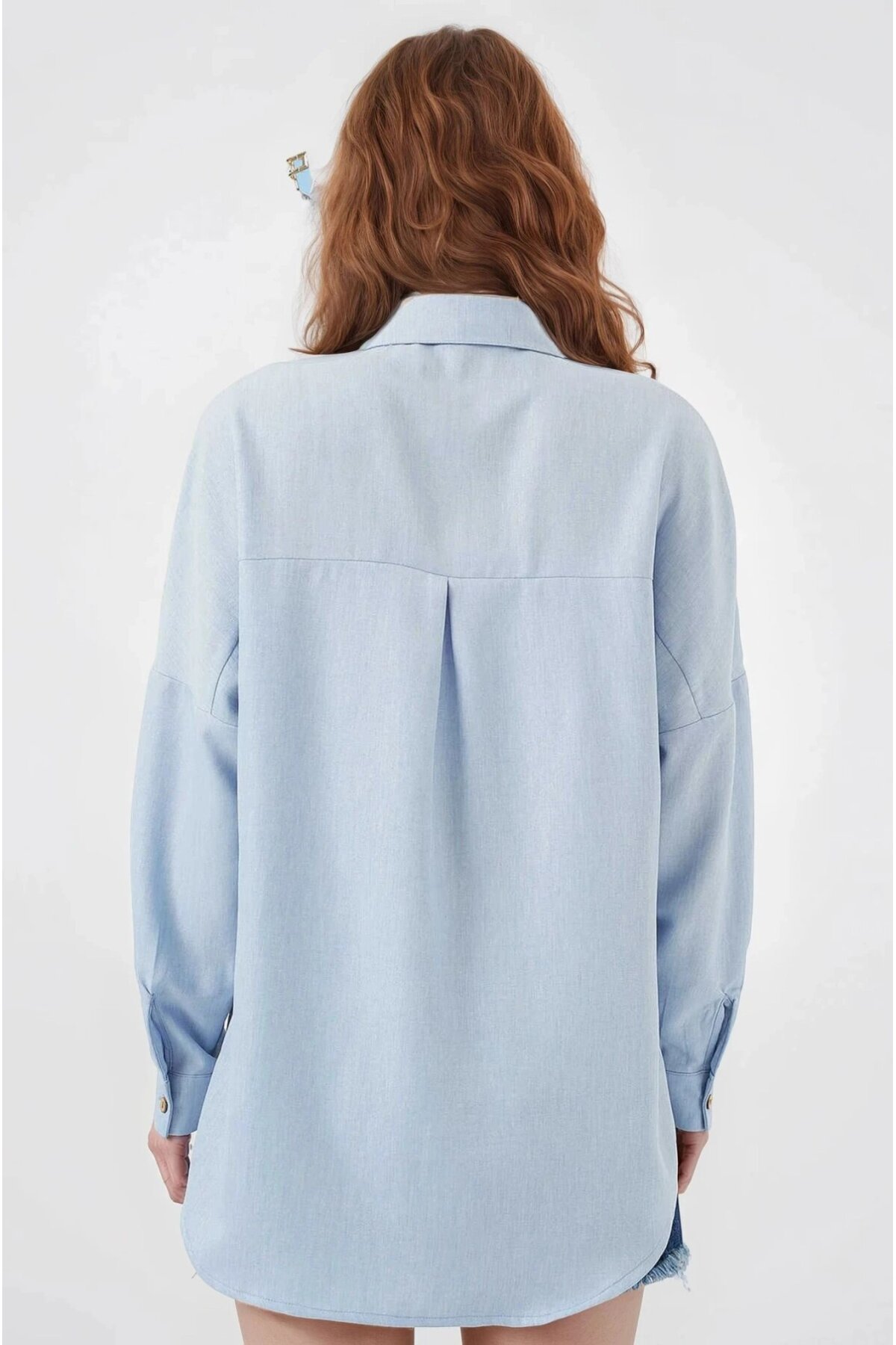 Kadın Buz Mavi Oversize Çift Cepli Keten Gömlek HZL22S-BD1201261