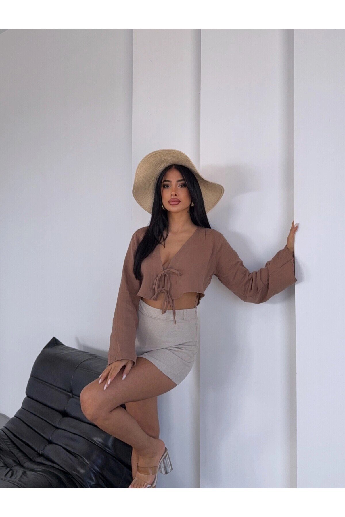 Kadın Camel Önden Bağlamalı Müslin Kumaş Crop Bluz  HZL25S-DSB104071