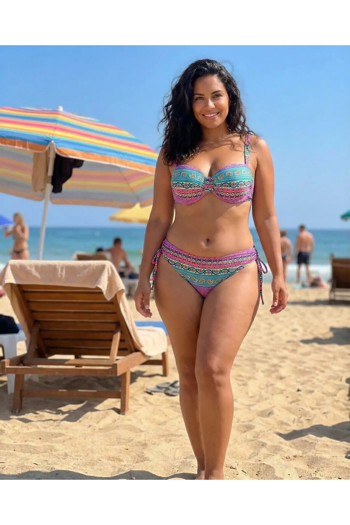 Kadın Fuşya Çok Renkli Etnik Desen Atarlı Bikini Takımı HZL25S-LC8004
