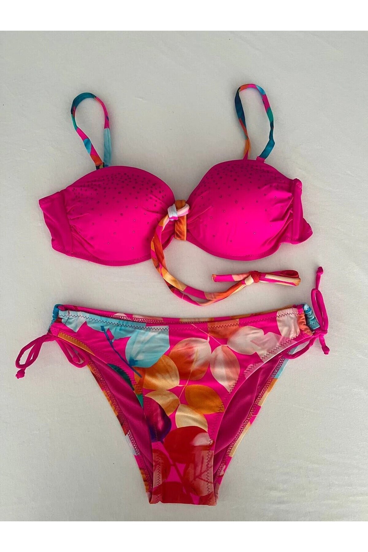 Kadın Fuşya Taş İşlemeli Astarlı Bikini Takım HZL25S-LC207