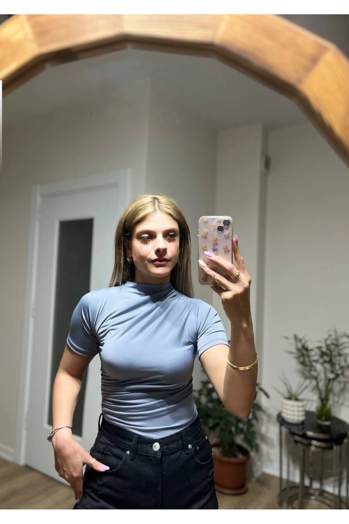 Kadın Gri Büzgü Detay Yarım Kol Sandy Bluz HZL25S-FRY121741