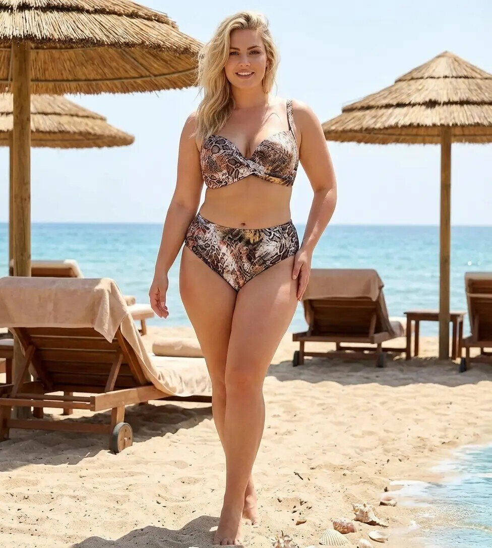 Kadın Kahverengi Leopar Desenli Astarlı Büyük Beden Bikini Takımı HZL25S-LC25006
