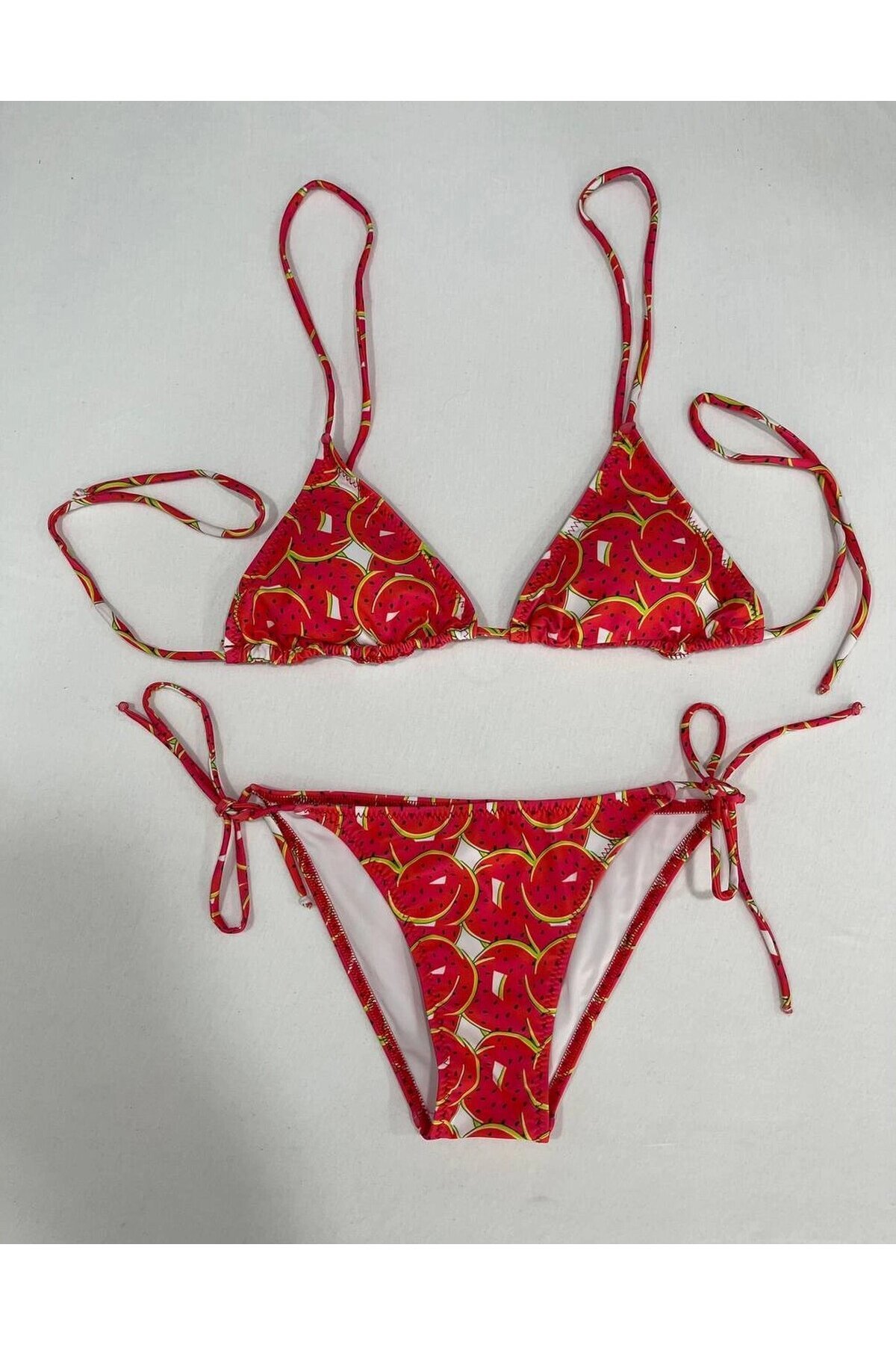 Kadın Kırmızı Karpuz Desen Boyundan İp Bağlamalı Üçgen Bikini Takımı HZL25S-LC5005
