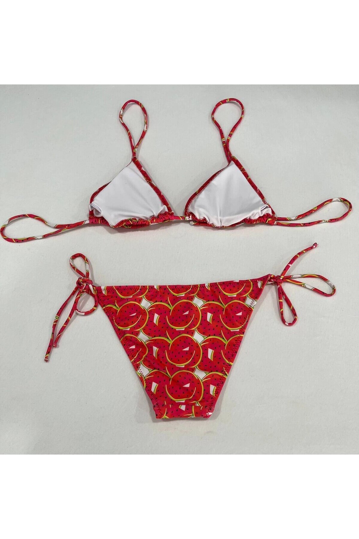 Kadın Kırmızı Karpuz Desen Boyundan İp Bağlamalı Üçgen Bikini Takımı HZL25S-LC5005