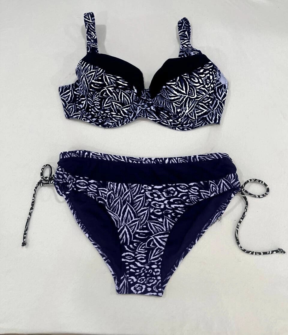 Kadın Lacivert Beyaz Desenli Büyük Beden Astarlı Bikini Takım HZL25S-LC4006