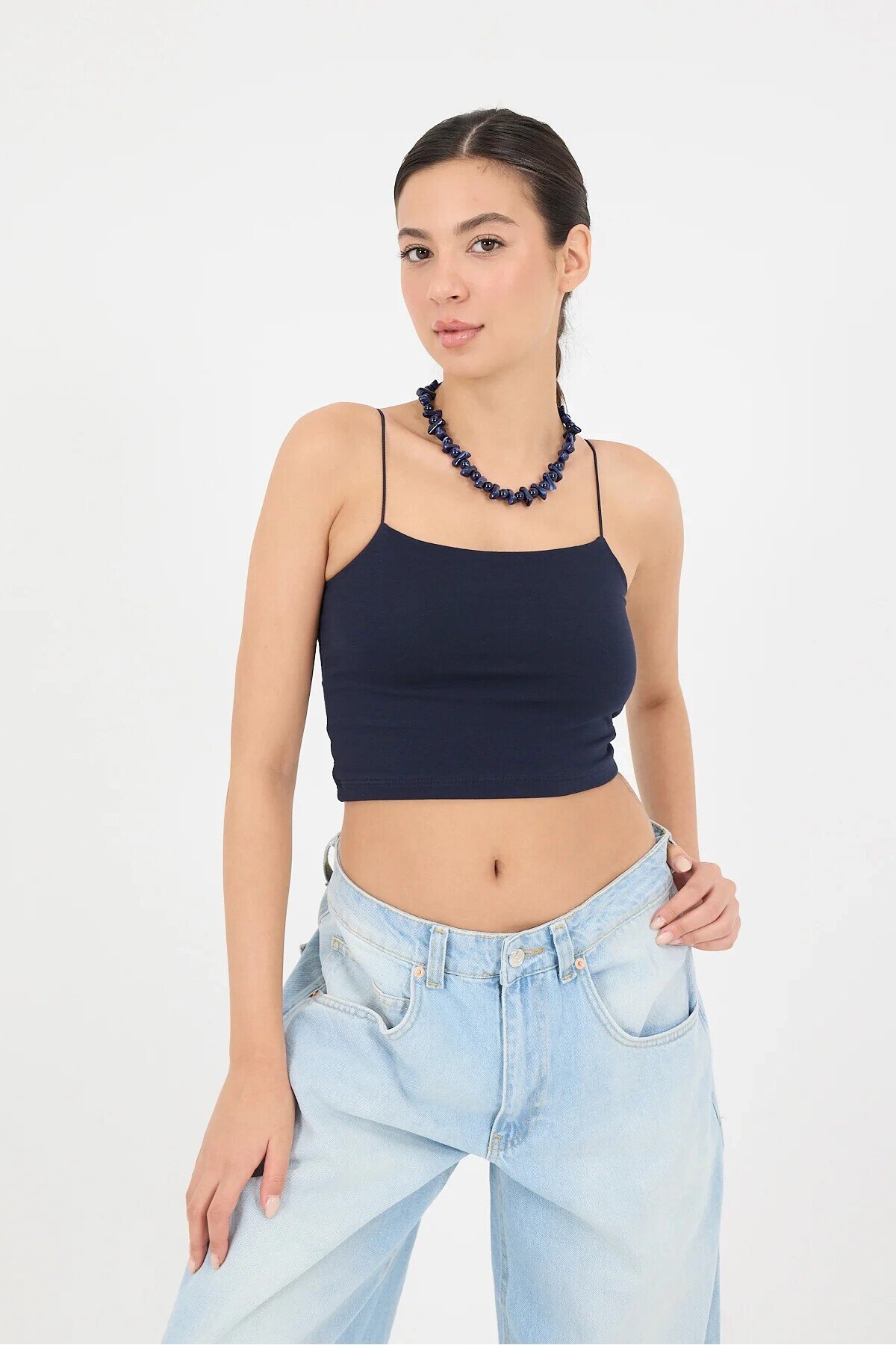 Kadın Lacivert İp Askılı Örme Büstiyer HZL24S-ZK12001