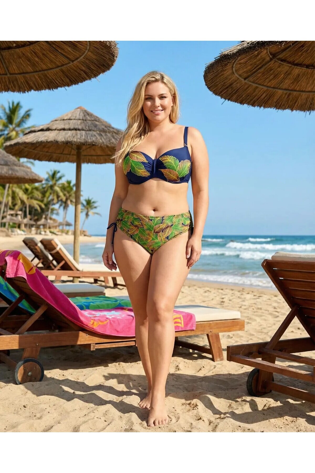 Kadın Lacivert Yaprak Desenli Taş İşlemeli Astarlı Bikini Takım HZL25S-LC3305