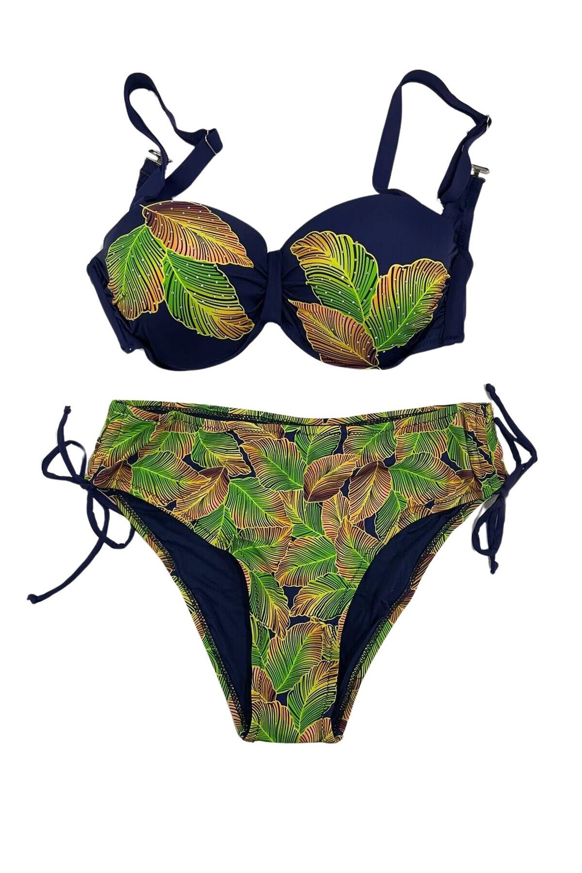 Kadın Lacivert Yaprak Desenli Taş İşlemeli Astarlı Bikini Takım HZL25S-LC3305