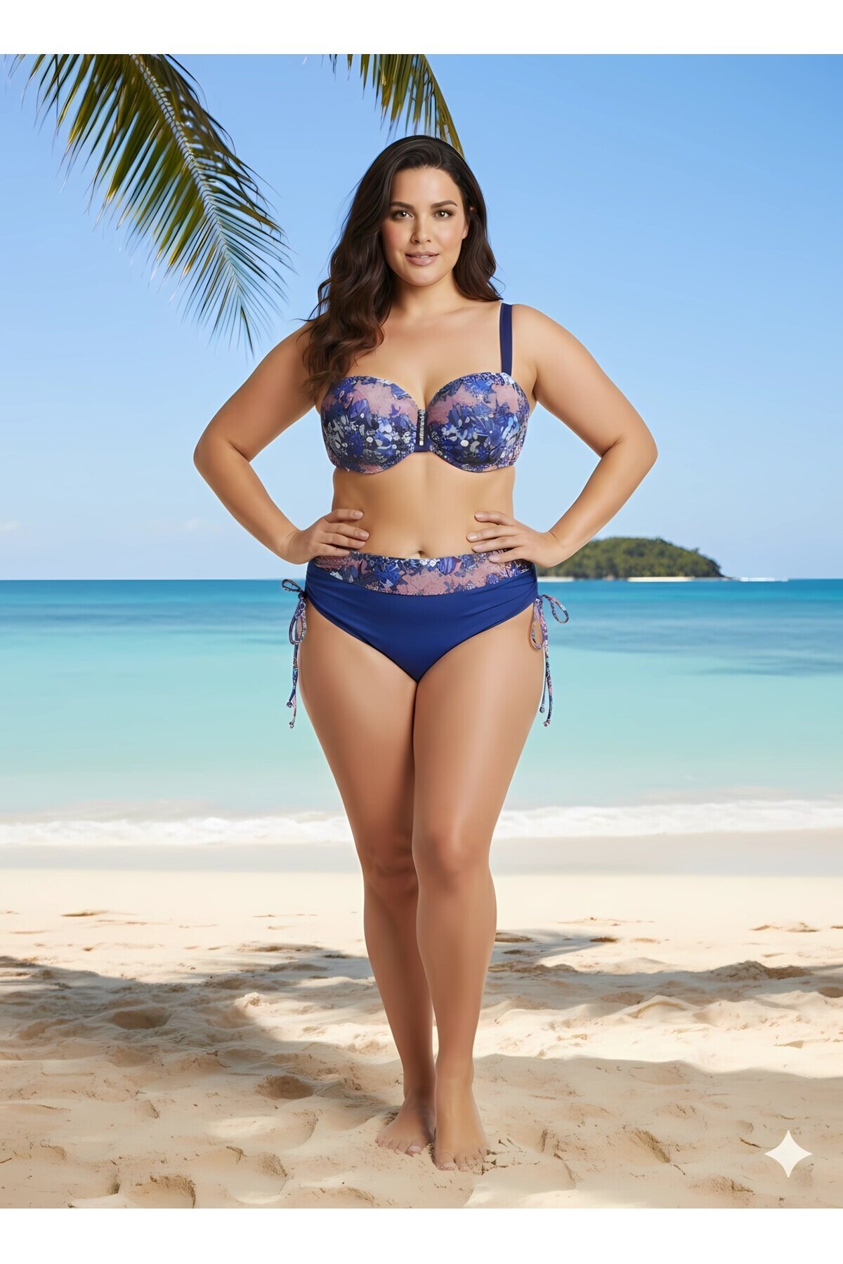 Kadın Mavi Çiçek Desenli Astarlı Lacivert Büyük Beden Bikini Takım HZL25S-LC3301