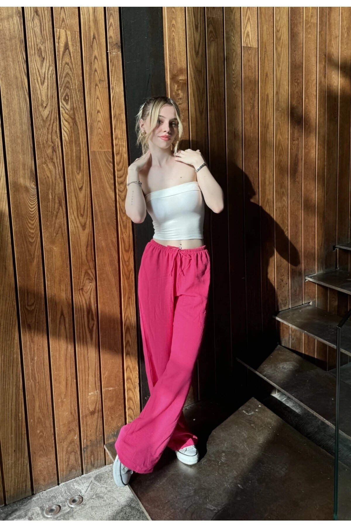 Kadın Pembe Cepli Beli Lastikli Bol Paça Keten Pantolon HZL24S-ZK11051