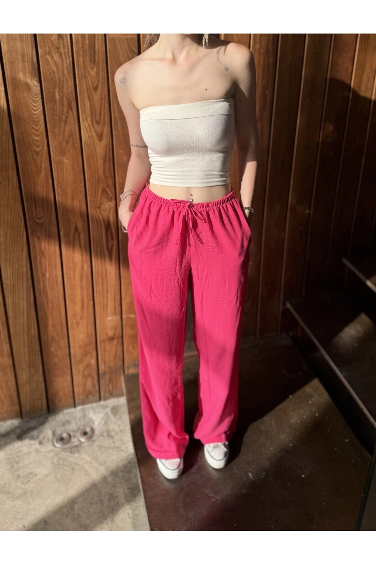 Kadın Pembe Cepli Beli Lastikli Bol Paça Keten Pantolon HZL24S-ZK11051