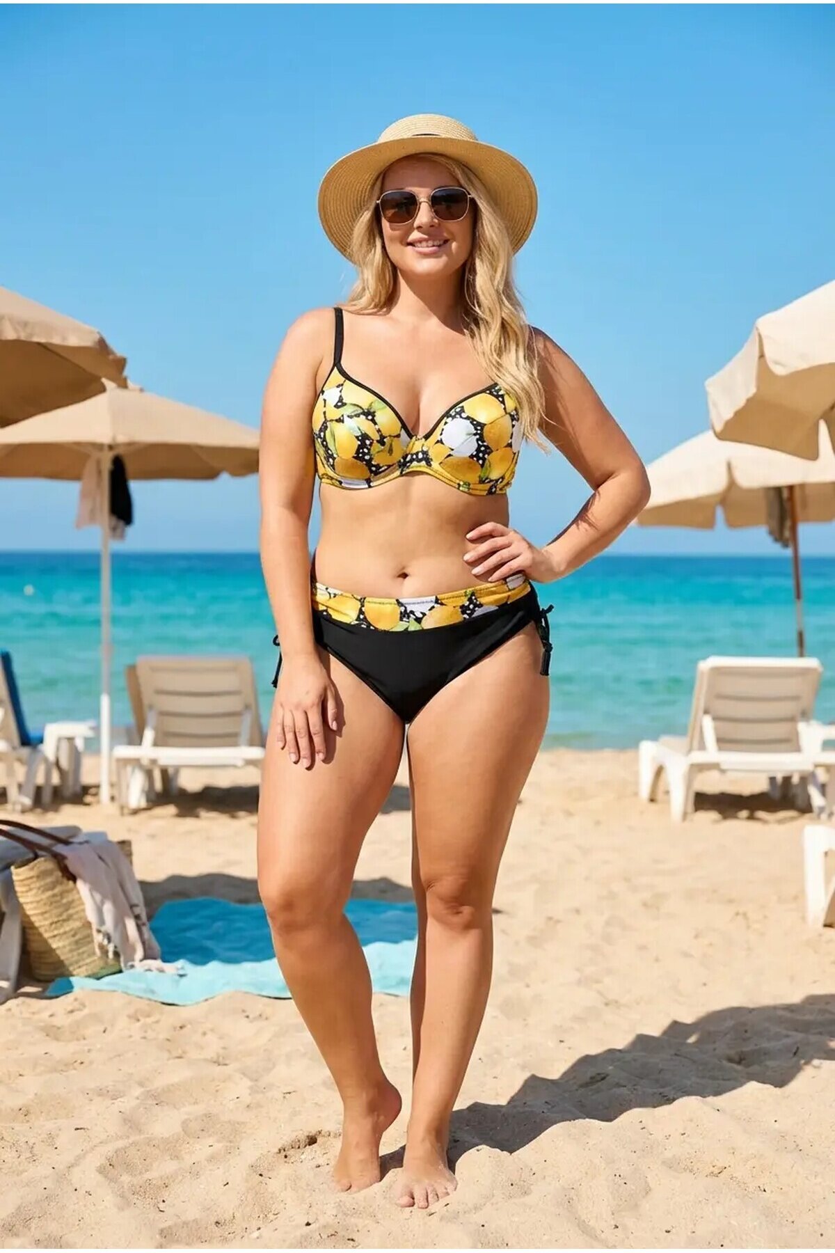 Kadın Sarı Siyah Limon Desenli İp Askılı Yüksek Bel Büyük Beden Bikini Takım HZL24S-LC3348