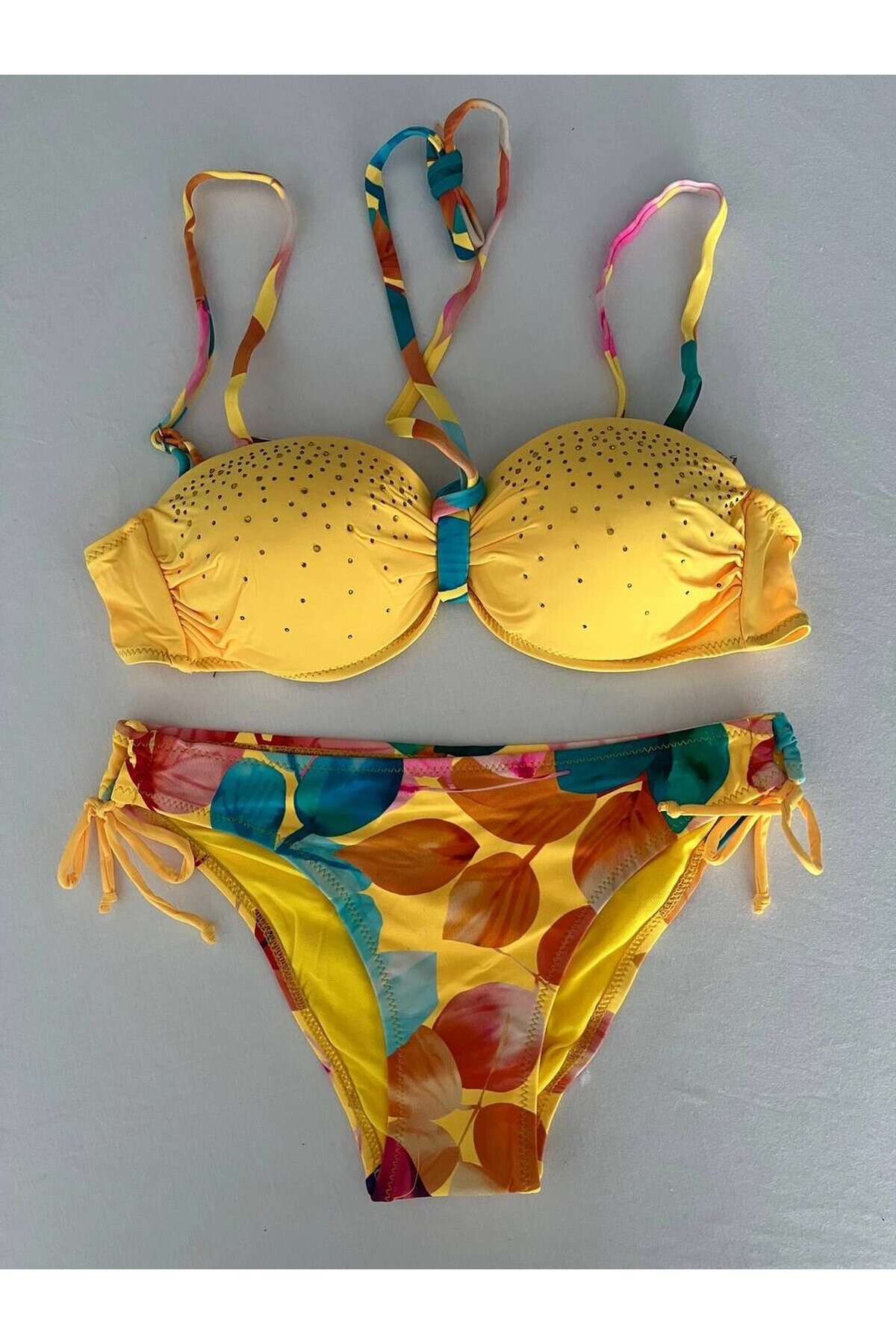 Kadın Sarı Taş İşlemeli Astarlı Bikini Takım HZL25S-LC207