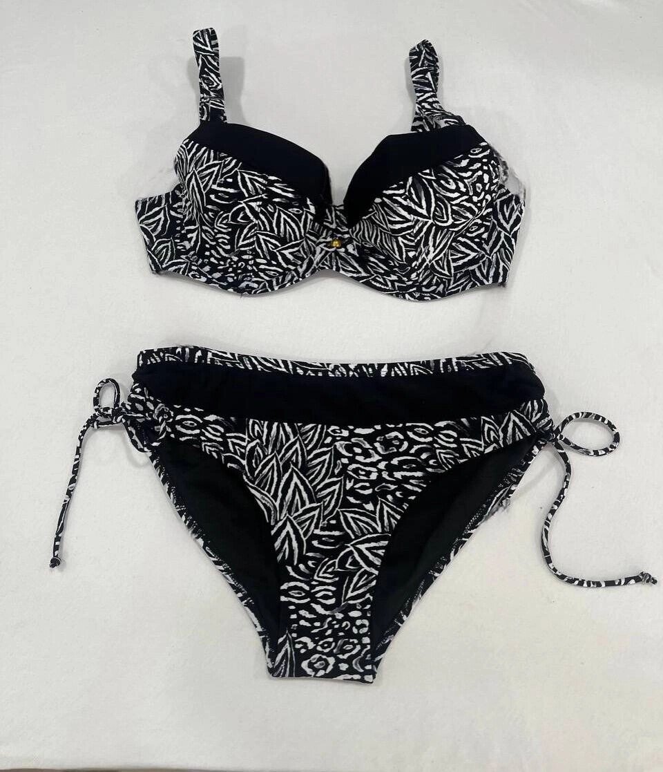Kadın Siyah Beyaz Desenli Büyük Beden Astarlı Bikini Takım HZL25S-LC4006