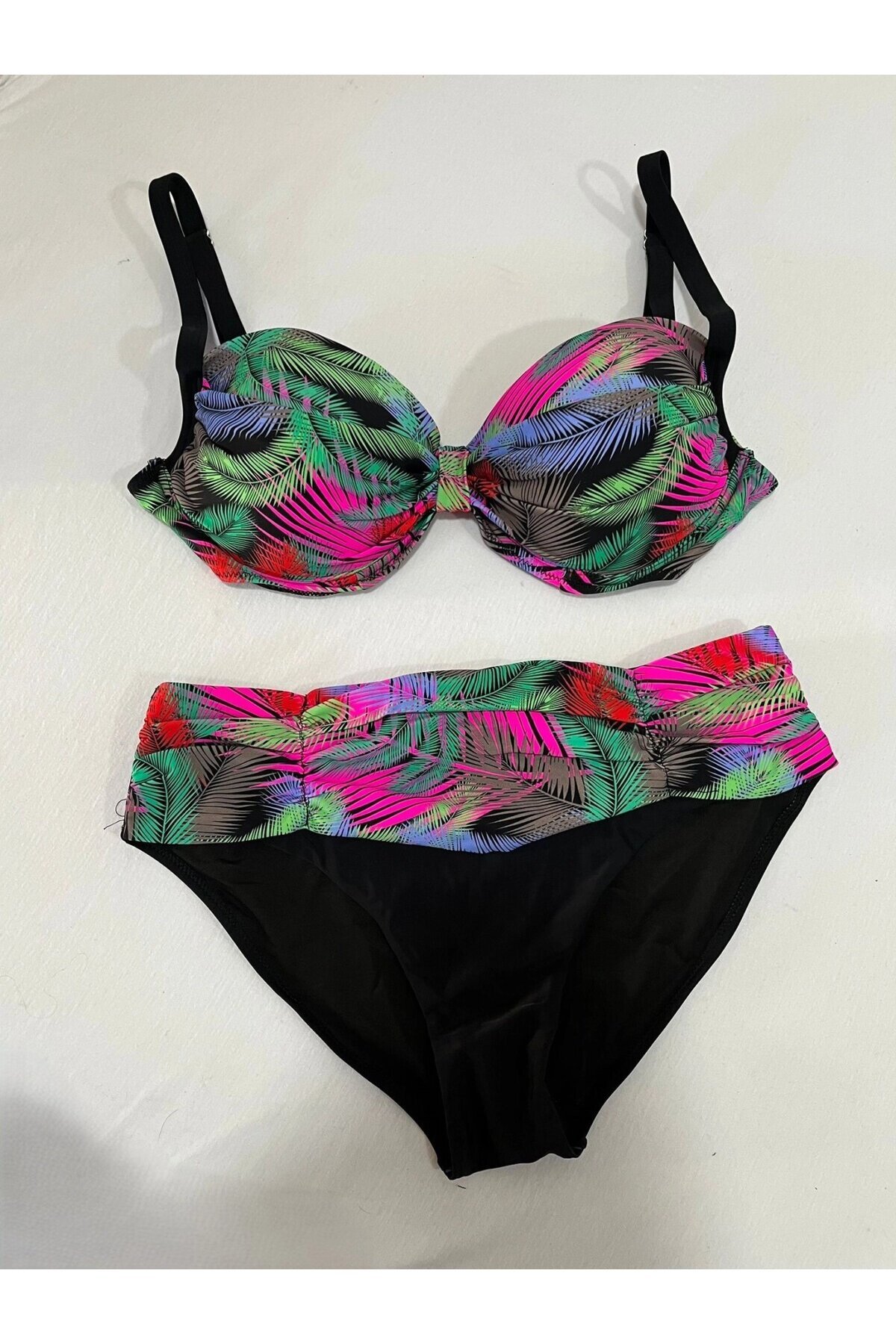Kadın Siyah Çok Renk Desenli  Astarlı Büyük Beden Bikini Takımı HZL25S-LC06