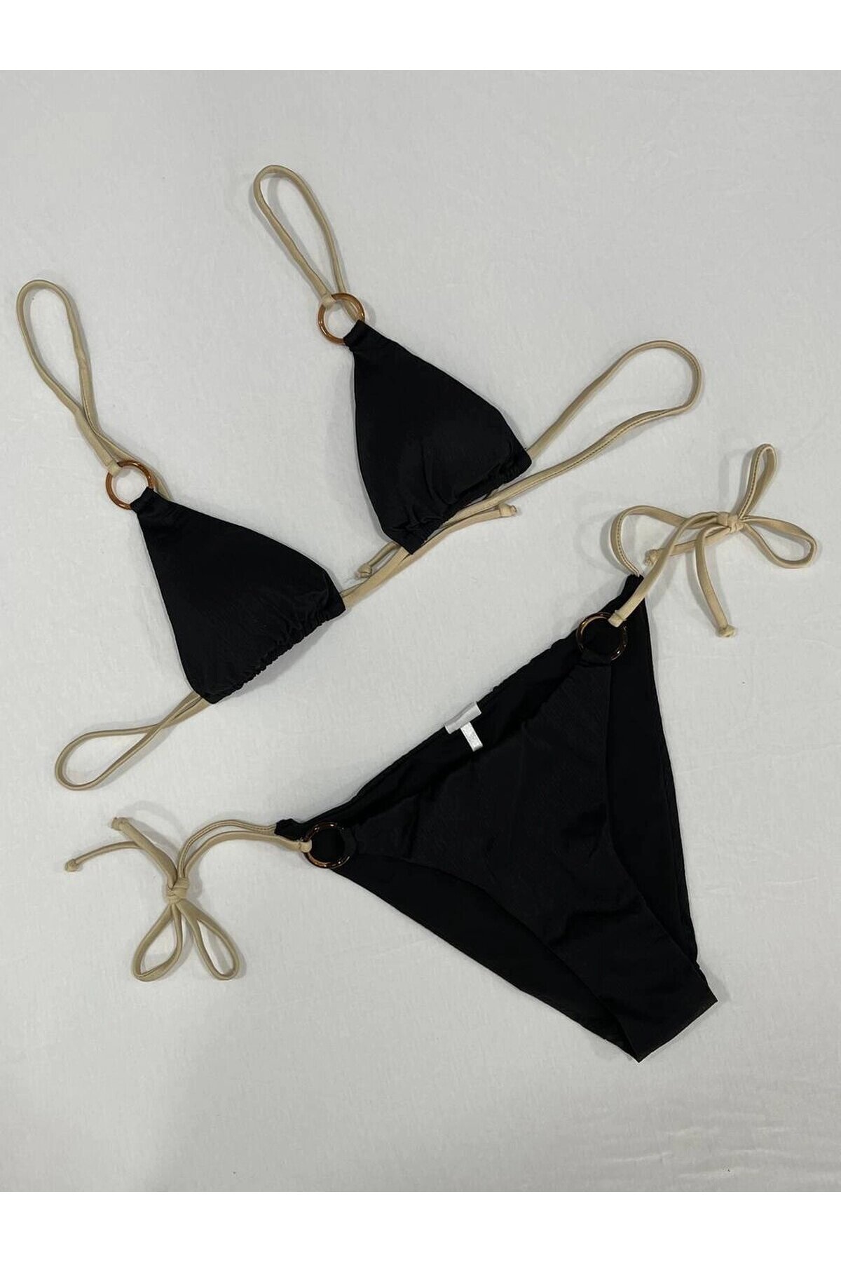 Kadın Siyah Halka Detaylı İp Bağlamalı Astarlı Bikini Takım HZL25S-AR1617