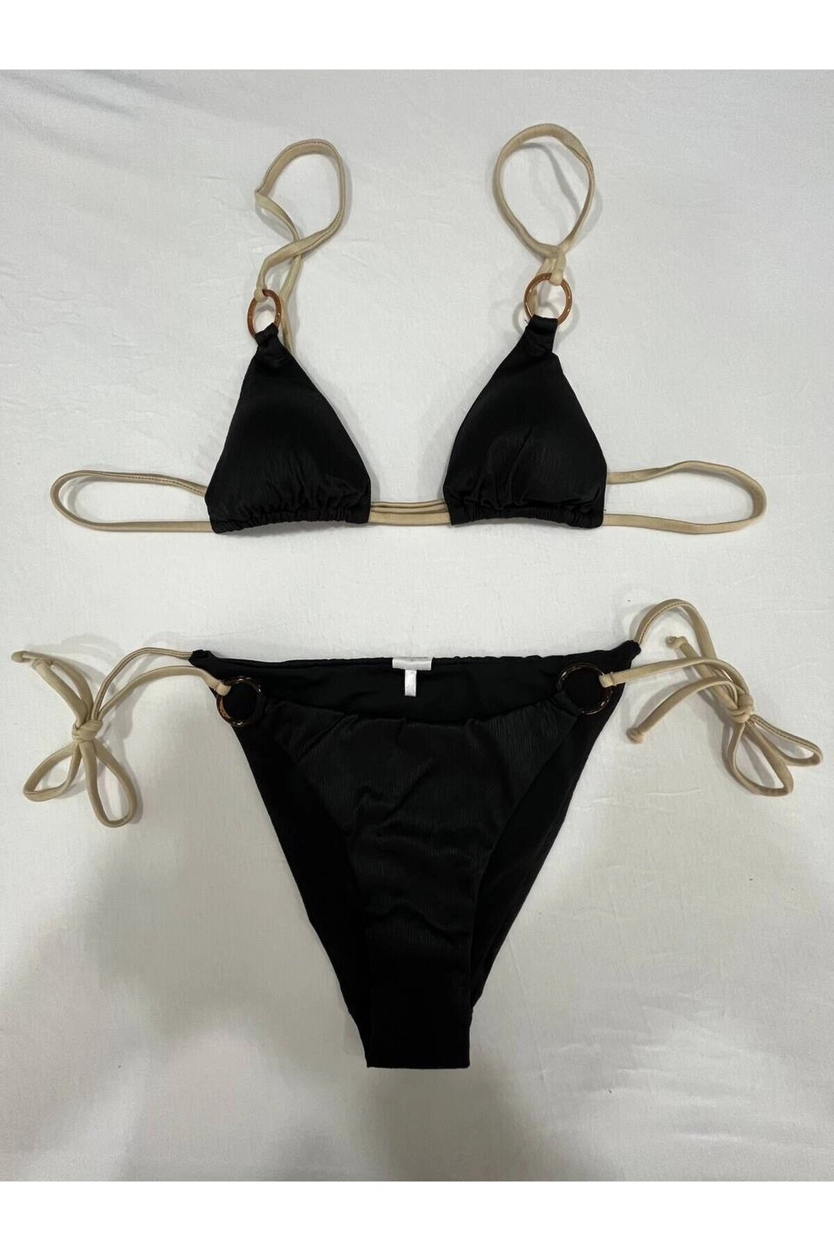 Kadın Siyah Halka Detaylı İp Bağlamalı Astarlı Bikini Takım HZL25S-AR1617