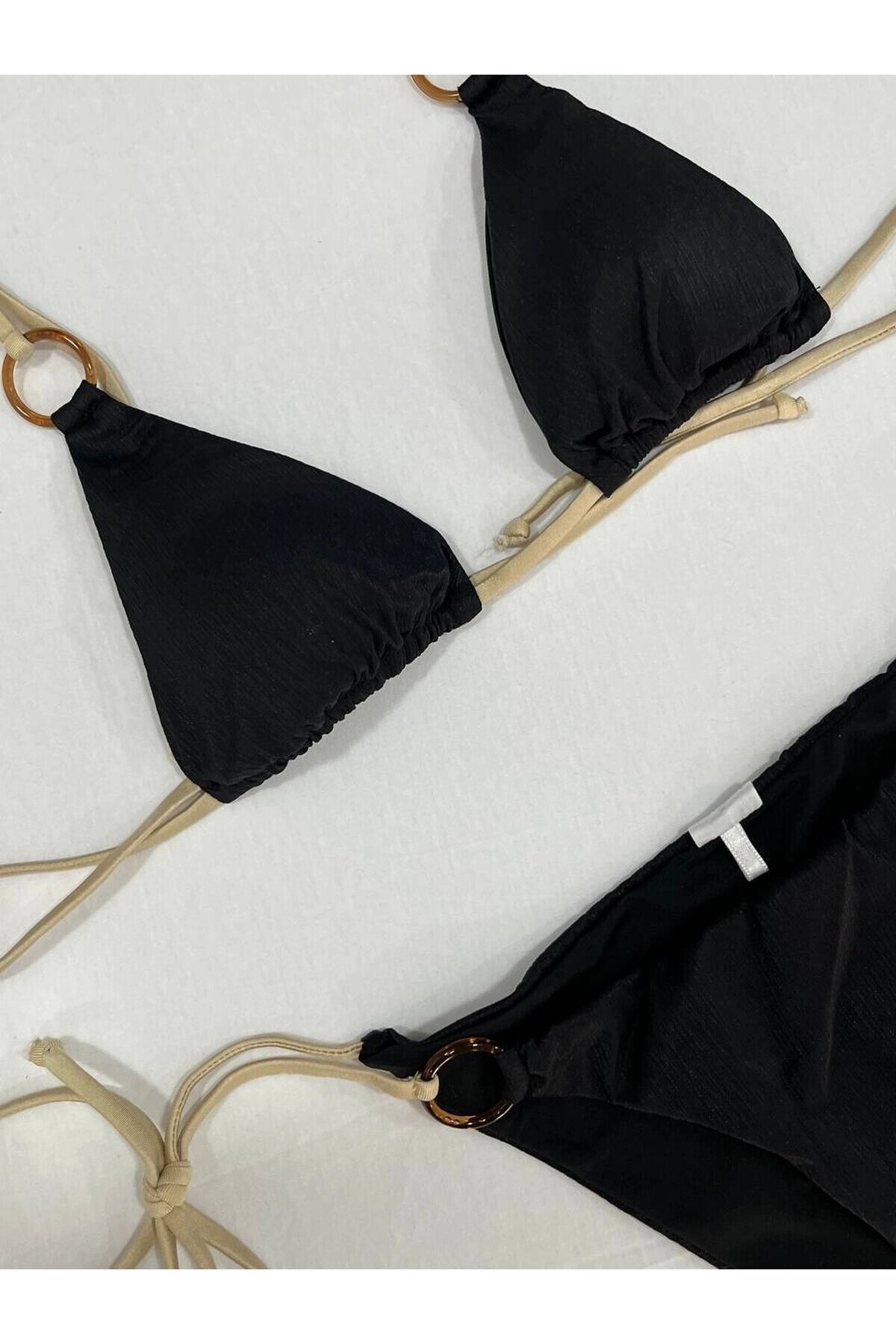 Kadın Siyah Halka Detaylı İp Bağlamalı Astarlı Bikini Takım HZL25S-AR1617