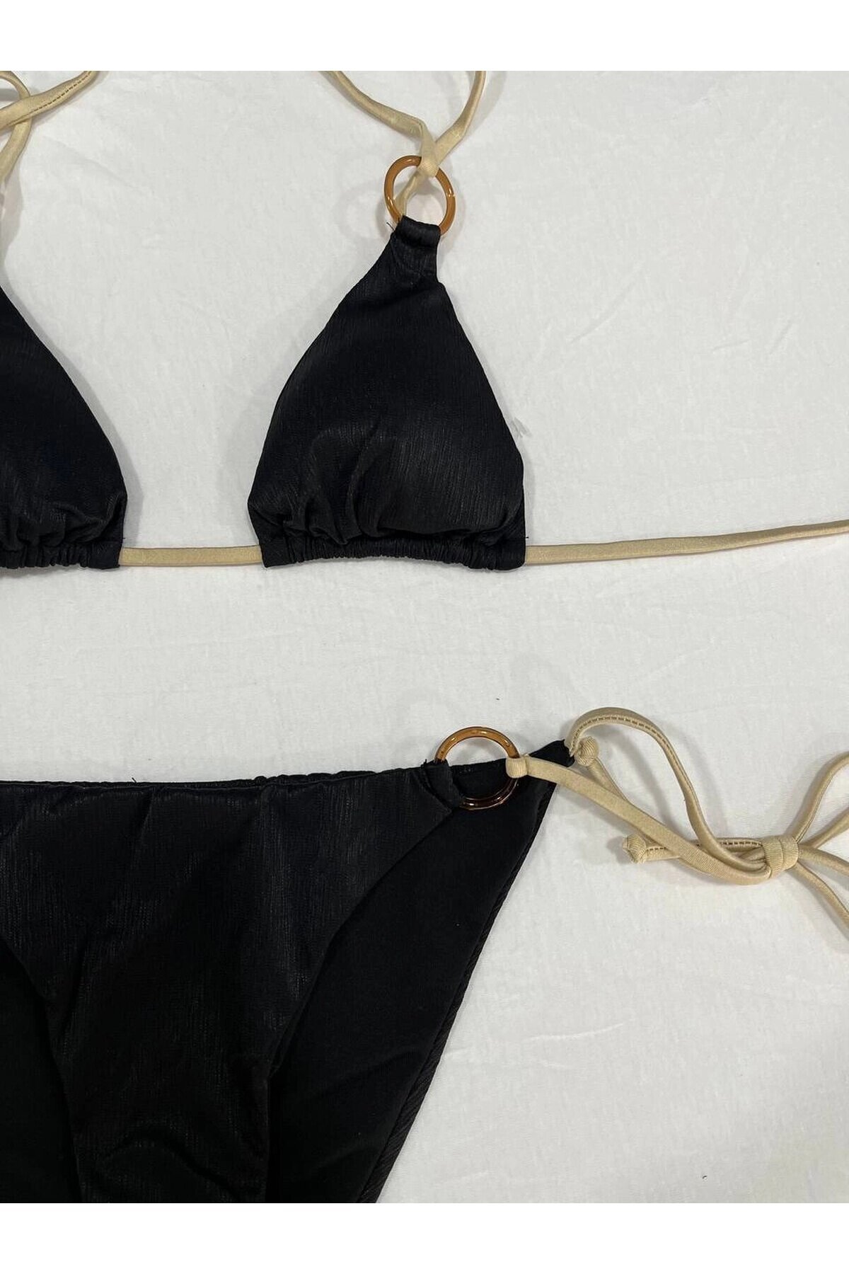 Kadın Siyah Halka Detaylı İp Bağlamalı Astarlı Bikini Takım HZL25S-AR1617