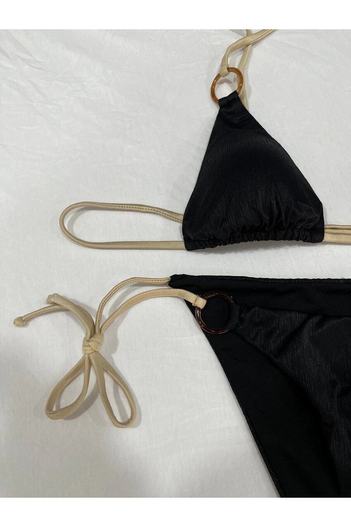 Kadın Siyah Halka Detaylı İp Bağlamalı Astarlı Bikini Takım HZL25S-AR1617