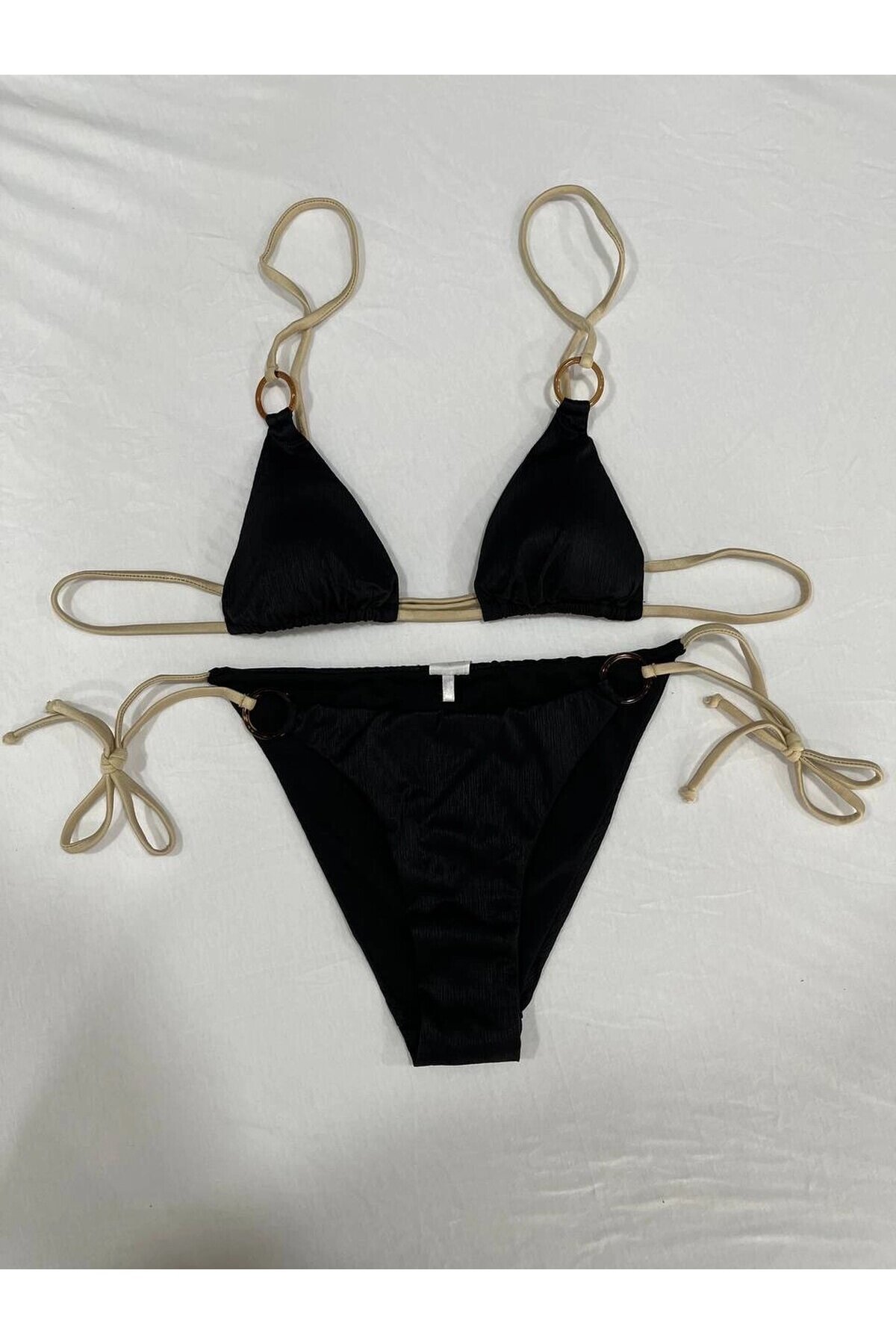Kadın Siyah Halka Detaylı İp Bağlamalı Astarlı Bikini Takım HZL25S-AR1617