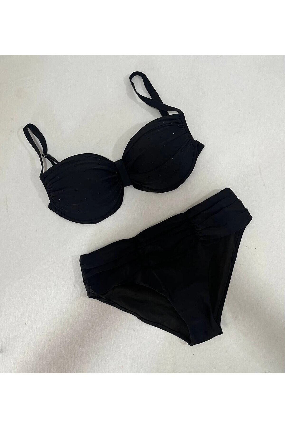 Kadın Siyah Taş İşlemeli Astarlı Büyük Beden Bikini Takımı HZL25S-LC01