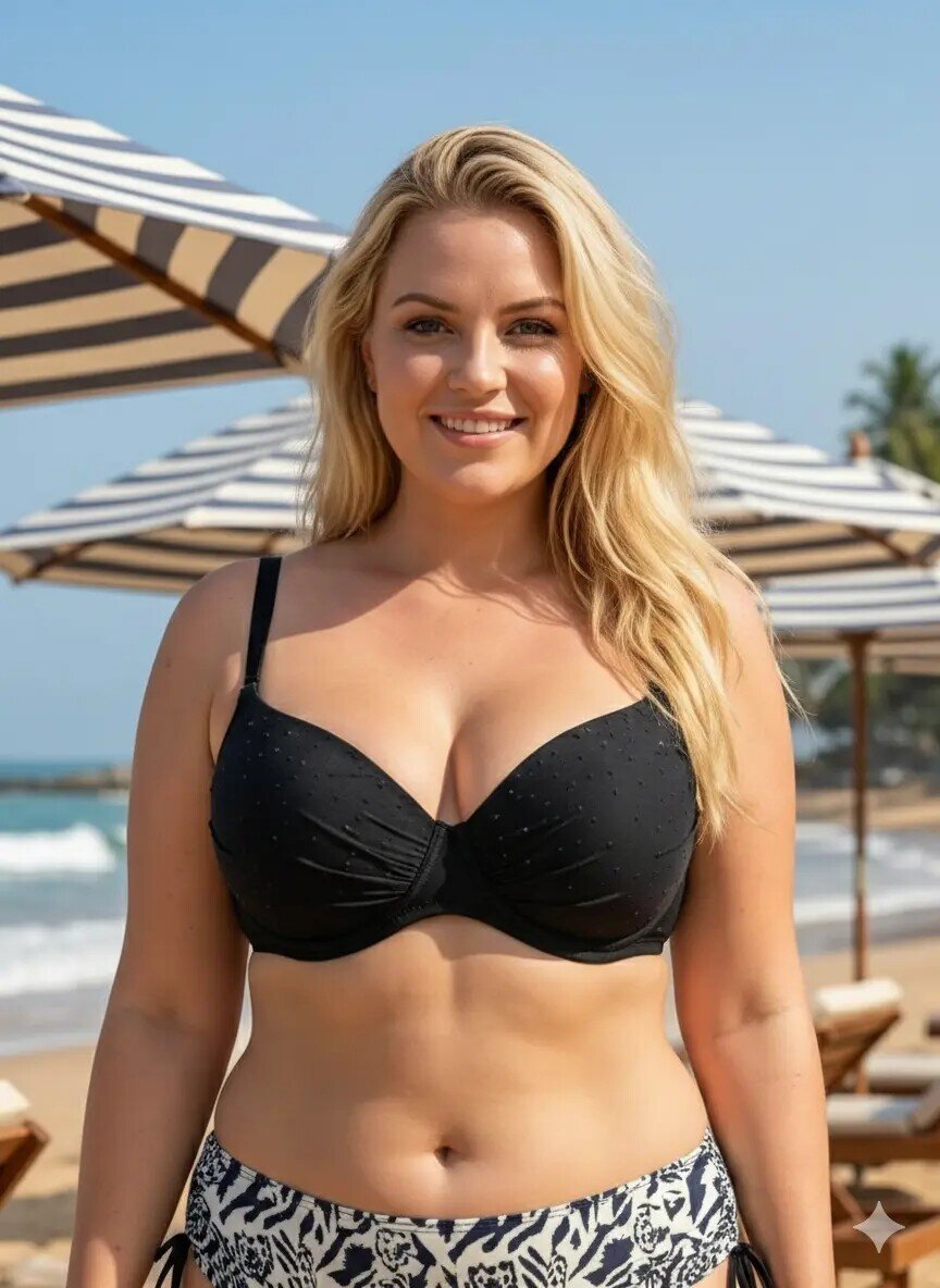 Kadın Siyah Taş İşlemeli Bej Desenli Astarlı Büyük Beden Bikini Takımı HZL25S-LC3351