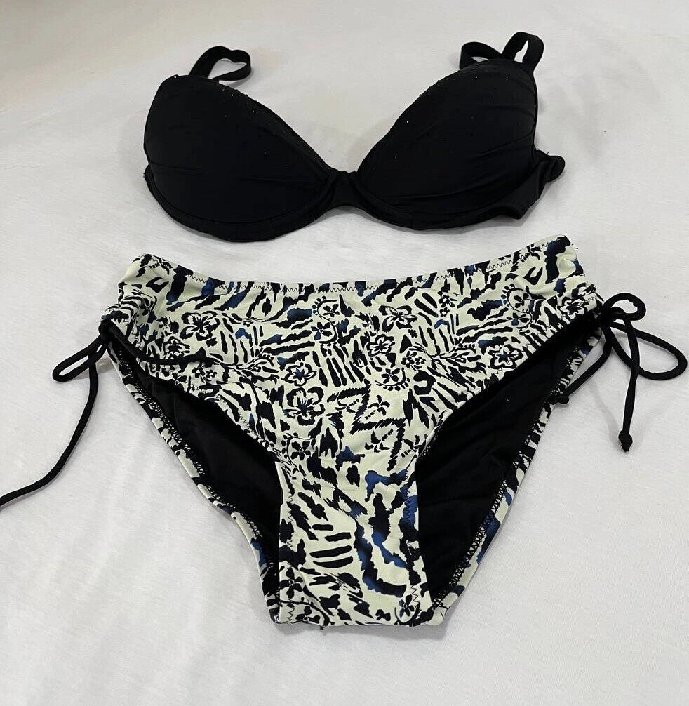 Kadın Siyah Taş İşlemeli Bej Desenli Astarlı Büyük Beden Bikini Takımı HZL25S-LC3351