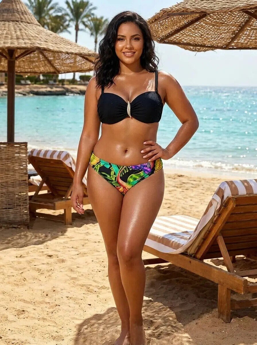 Kadın Siyah Taş İşlemeli Toka Aksesuarlı Astarlı Bikini Takım HZL25S-LC208