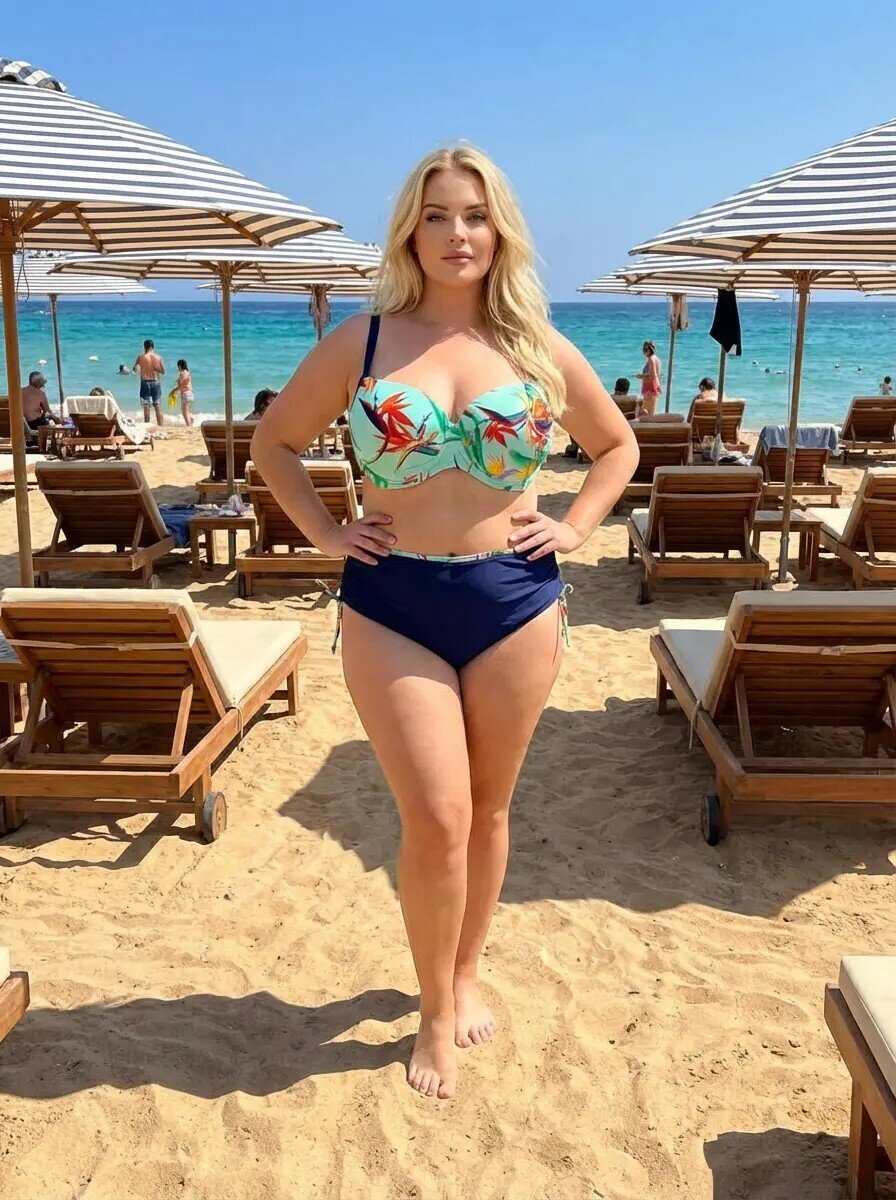 Kadın Turkuaz Lacivert Desenli Büyük Beden Astarlı Bikini Takım HZL25S-LC3327