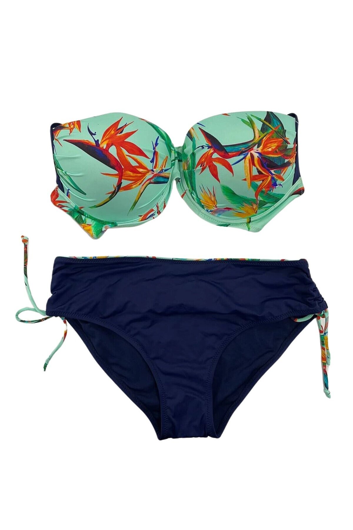 Kadın Turkuaz Lacivert Desenli Büyük Beden Astarlı Bikini Takım HZL25S-LC3327