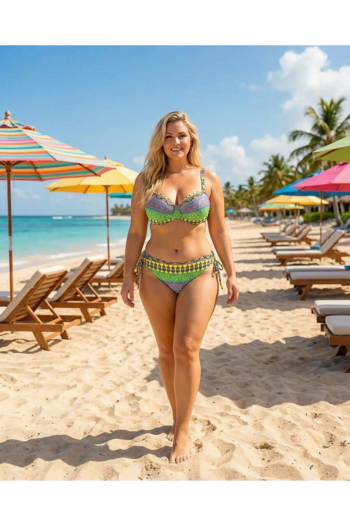 Kadın Yeşil Çok Renkli Etnik Desen Atarlı Bikini Takımı HZL25S-LC8004