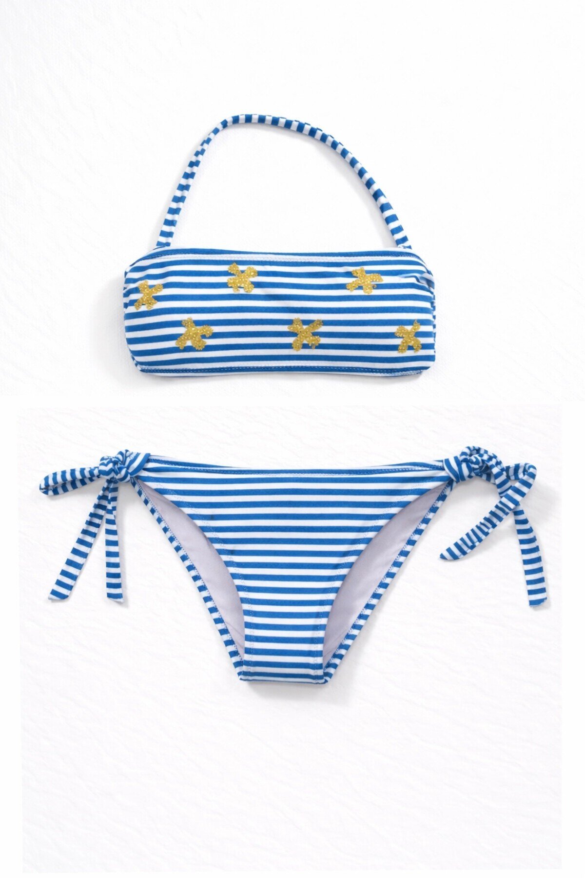 Kız Çocuk Mavi Beyaz Çizgili Arı Çıkartmalı 4-12 Yaş Straplez Bikini Takım HZL24S-LC3228